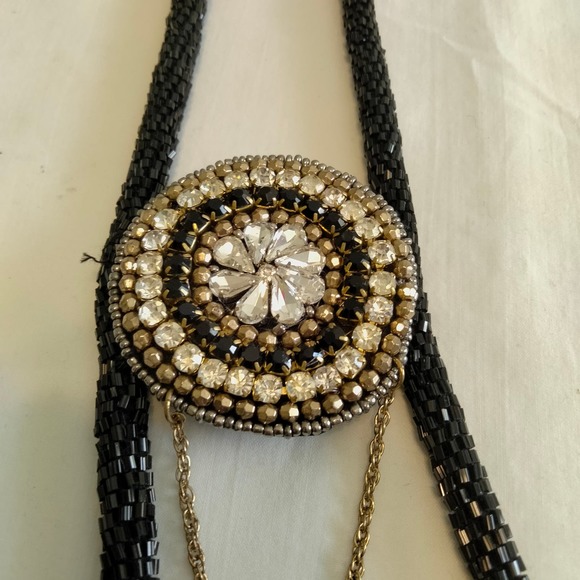 Iris Apfel & Bajalia Black-Clear Rhinestone Feathered Beaded Statement Necklace - Picture 10 of 16